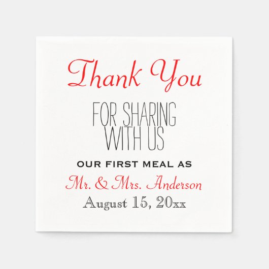 レッドブラック結婚ズサンキュー披露宴タイポグラフィ スタンダードカクテルナプキン (正面)