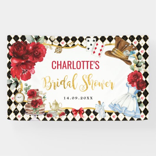レッドブラック金ゴールドアリスinワンダーランドブライダルシャワー 横断幕 (横)