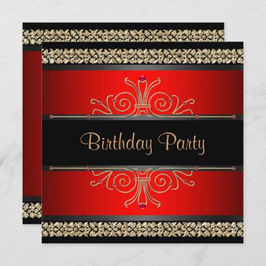 レッドブラック金ゴールドウーマンズバースデーパーティー招待状 招待状 (正面/裏面)