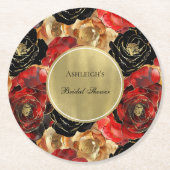 レッドブラック金ゴールドグラムフローラブライダルシャワー ラウンドペーパーコースター (正面)