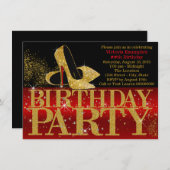 レッドブラック金ゴールドグリッターハイヒールバースデーパーティー 招待状 (正面/裏面)