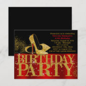 レッドブラック金ゴールドグリッターハイヒールバースデーパーティー 招待状 (正面/裏面)