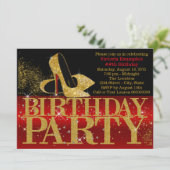 レッドブラック金ゴールドグリッターハイヒールバースデーパーティー 招待状 (スタンド正面)