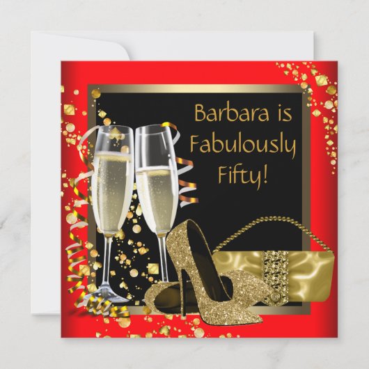 レッドブラック金ゴールドシャンパン50thバースデーパーティー 招待状 (正面)