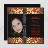 レッドブラック金ゴールドダマスクフォト甘い16パーティー 招待状 (正面/裏面)