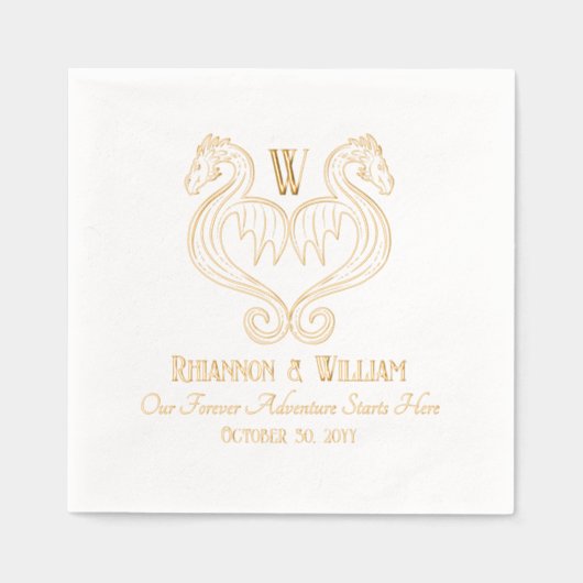 レッドブラック金ゴールドドラゴンモノグラム結婚ファンタジー 箔ナプキン (正面)