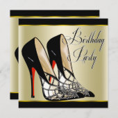 レッドブラック金ゴールドハイヒールバースデーパーティー 招待状 (正面/裏面)