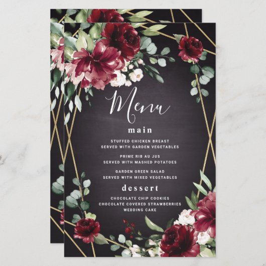 レッドブラック金ゴールドフローラエレガントなウェディングメニューカード (正面/裏面)