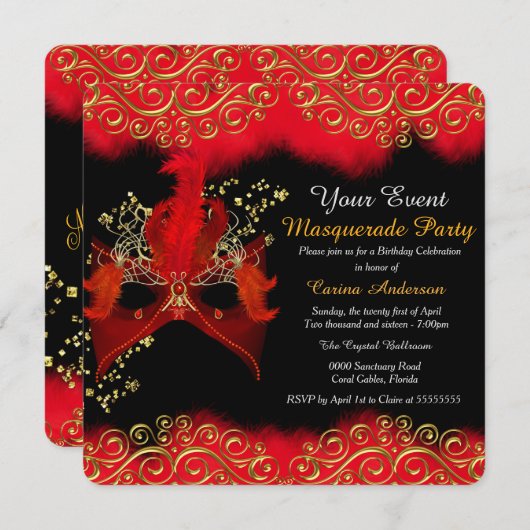 レッドブラック金ゴールドマスクマスカレード誕生日パーティー 招待状 (正面/裏面)