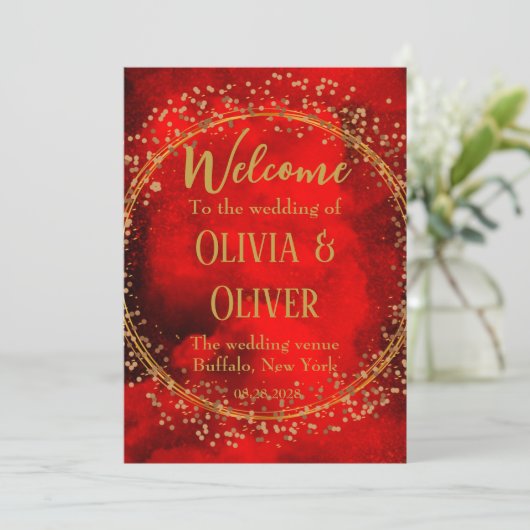 レッドブラック金ゴールド幾何学的グリッターウェディングシャワー 招待状 (スタンド正面)