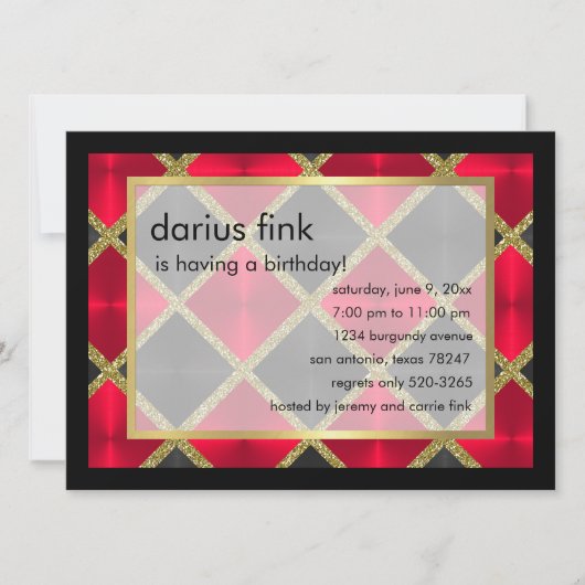 レッドブラック金ゴールド誕生日パーティーへの招待 招待状 (正面)
