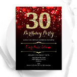 レッドブラック金ゴールド30th Birthday 招待状<br><div class="desc">30歳の誕生日パーティの招待状。赤エレガント黒デザインとフェイクグリッター金ゴールド。ダイヤスタイリッシュモンド、《写真》ぼけ味ライト、スクリプトフォント。男女の招待状。大人の誕生日スタイリッシュパーティーに最適。独自の詳細でパーソナライズメッセージもしの詳細なカスタマイズが必要。印刷されたZazzle招待状または即時ダウンロードのデジタル印刷可能なテンプレート。</div>