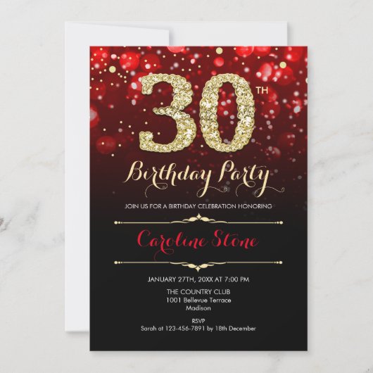 レッドブラック金ゴールド30th Birthday 招待状 (正面)