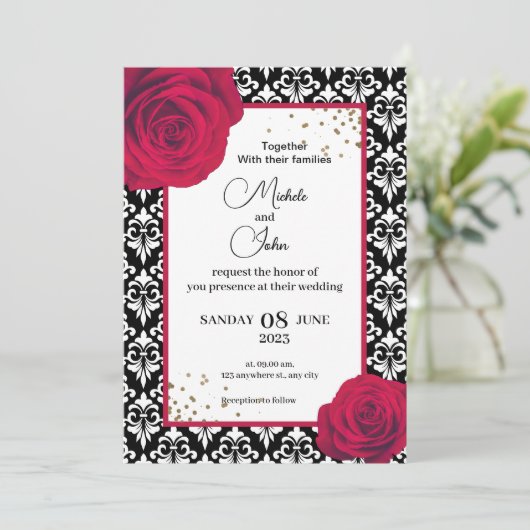 レッドブラック&ホワイトダマスクの結婚式の招待状 招待状 (スタンド正面)