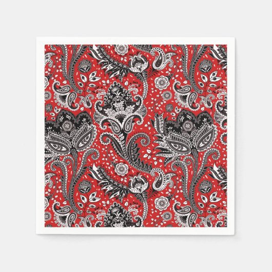 レッドブラック&ホワイトフローラペイズリーボヘミアンボホ スタンダードカクテルナプキン (正面)