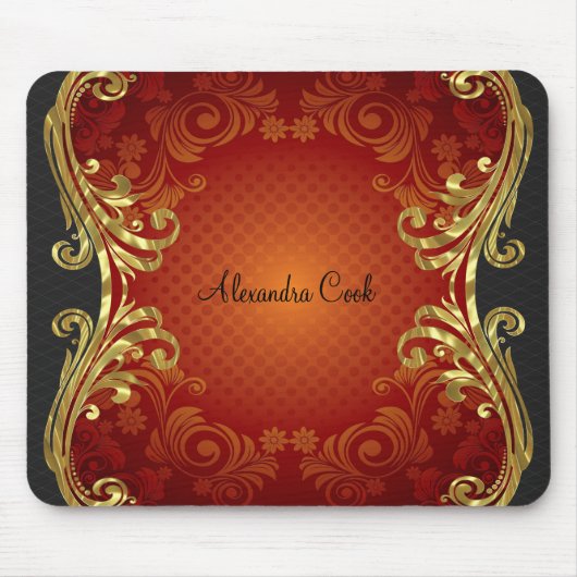 レッドブラック&金ゴールドトーンヴィンテージスワーズ – モノグラム マウスパッド (正面)