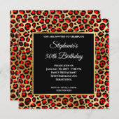 レッドブラック&金ゴールドヒョウGLAM 50誕生日 招待状 (正面/裏面)