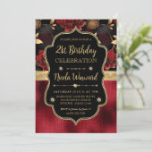 レッドブラック&金ゴールドフローラ大理石21st誕生日 招待状 (スタンド正面)
