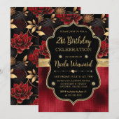 レッドブラック&金ゴールドフローラ大理石21st誕生日 招待状 (正面/裏面)