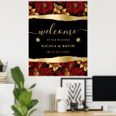 レッドブラック&金ゴールド大理石フローラ結婚ズへようこそ ポスター (ホームオフィス)