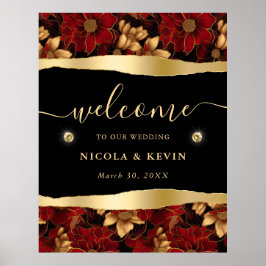 レッドブラック&金ゴールド大理石フローラ結婚ズへようこそ ポスター