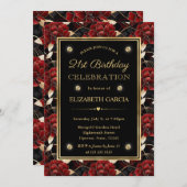 レッドブラック&金ゴールド大理石フローラ21st誕生日 招待状 (正面/裏面)