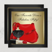 レッドブラック&金ゴールド誕生日パーティー 招待状 (正面/裏面)