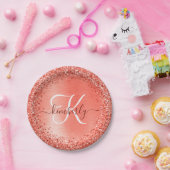 レッドブラッシュメタルグリッターモノグラム名 ペーパープレート (パーティー)