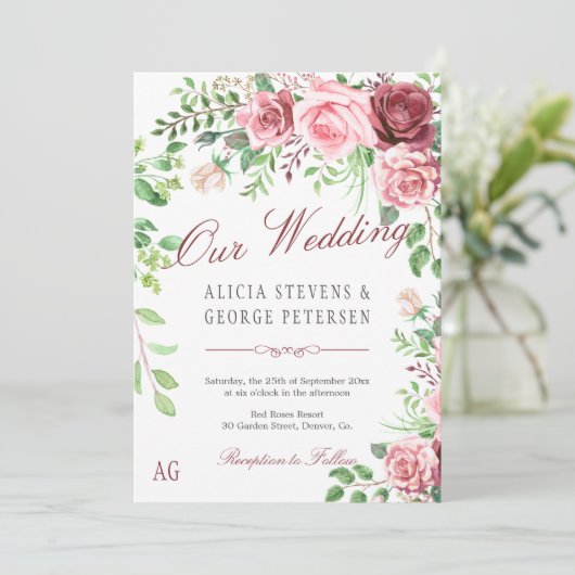 レッドブルゴーニュと赤面ピンクローズモノグラム結婚ズ 招待状 (スタンド正面)