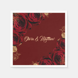 レッドブルゴーニュと金ゴールドバラのフローラ結婚ズ スタンダードカクテルナプキン