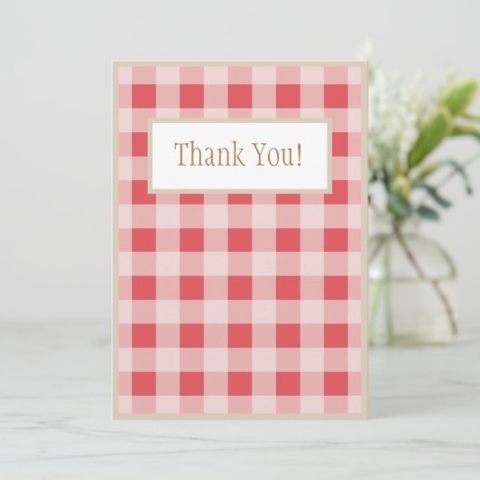 レッドブルゴーニュの格子模様のギンガムカントリー結婚式 サンキューカード (スタンド正面)