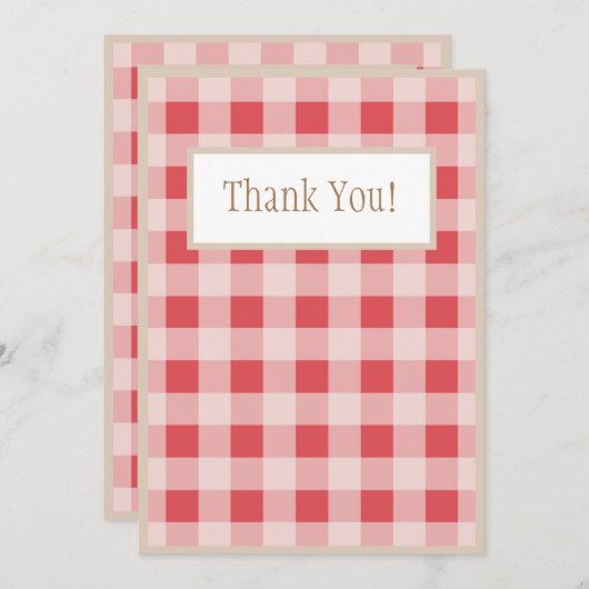 レッドブルゴーニュの格子模様のギンガムカントリー結婚式 サンキューカード (正面/裏面)