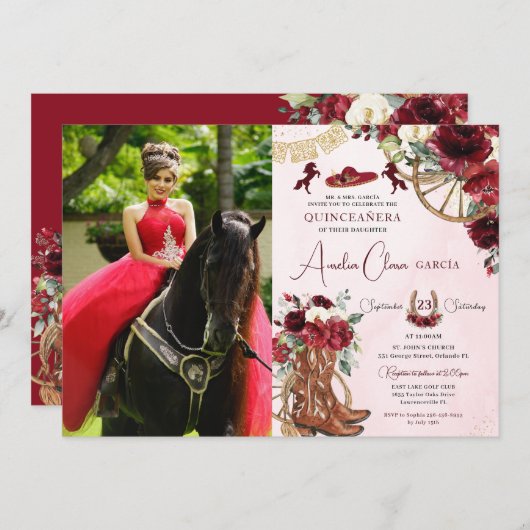 レッドブルゴーニュフローラチャロ女性のカーボーイキンセアニェラ 招待状 (正面/裏面)