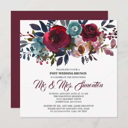 レッドブルゴーニュフローラポスト結婚ズブランチ招待状 招待状 (正面/裏面)