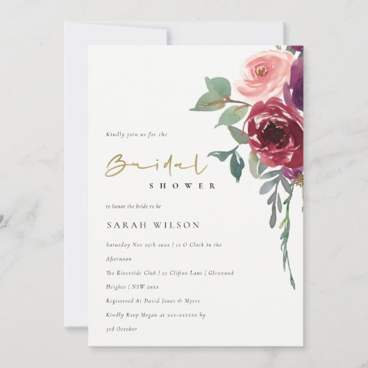 レッドブルゴーニュ桃フローラブライダルシャワー招待状 サンキューカード (正面)