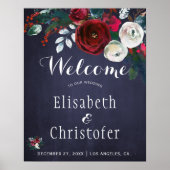 レッドブルゴーニュ海軍ブルーウィンターウェディングウェルカムサイン ポスター (正面)