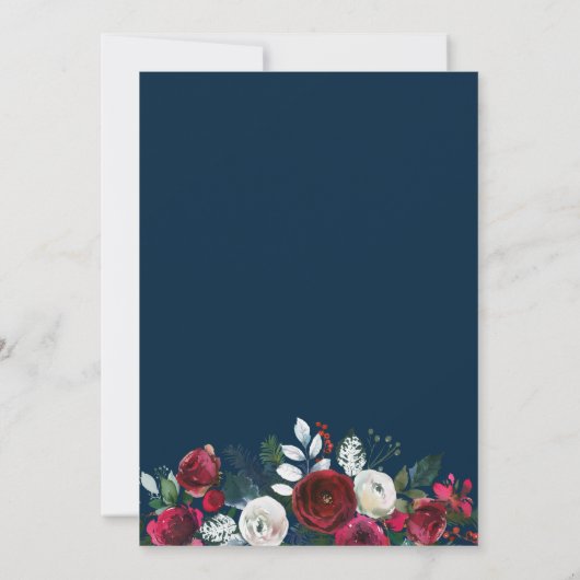 レッドブルゴーニュ海軍ブルー冬フローラブライダルシャワー 招待状 (裏面)