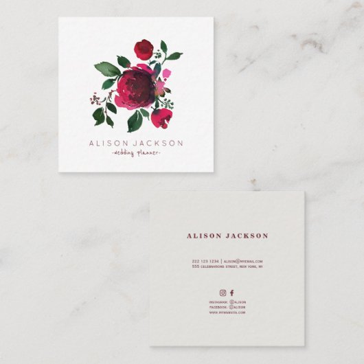 レッドブルゴーニュ牡丹ブーケウェディングプランナー スクエア名刺 (正面/裏面)
