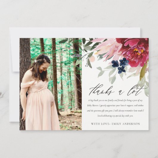 レッドブルゴーニュ赤面フローラバンチ写真ベビーシャワー サンキューカード (正面)