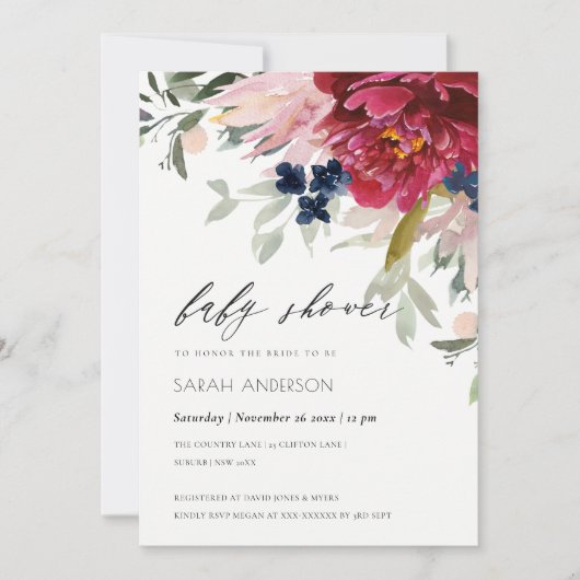 レッドブルゴーニュ赤面フローラベビーシャワー招待状 サンキューカード (正面)