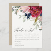 レッドブルゴーニュ赤面ブルーフローラバンチブライダルシャワー サンキューカード (正面/裏面)