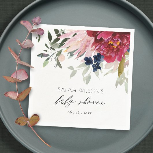 レッドブルゴーニュ赤面ブルーフローラバンチベビーシャワー スタンダードカクテルナプキン