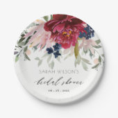 レッドブルゴーニュ赤面ブルーフローラブライダルシャワー ペーパープレート (正面)