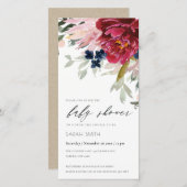 レッドブルゴーニュ赤面ブルーフローラベビーシャワー招待状 サンキューカード (正面/裏面)