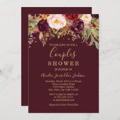 レッドブルゴーニュ金ゴールドグリッターフローラカップルシャワー 招待状 (正面/裏面)