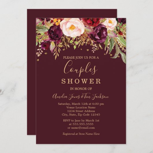 レッドブルゴーニュ金ゴールドグリッターフローラカップルシャワー 招待状 (正面/裏面)