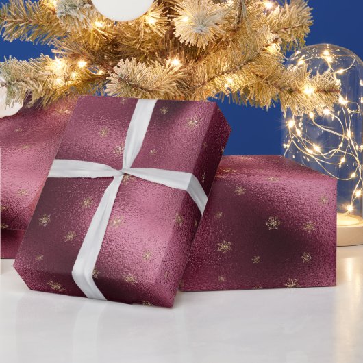 レッドブルゴーニュ金ゴールドグリッター雪片   ラッピングペーパー (クリスマス)