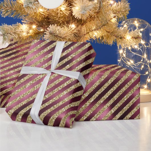 レッドブルゴーニュ金ゴールドストライプグリッター ラッピングペーパー (クリスマス)