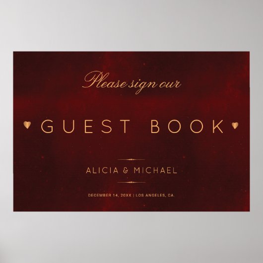レッドブルゴーニュ金ゴールド結婚ゲストブックのサイン ポスター (正面)