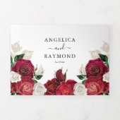 レッドブルゴーニュ&ホワイトフローラエレガントな結婚式 三つ折り招待状 (カバー)